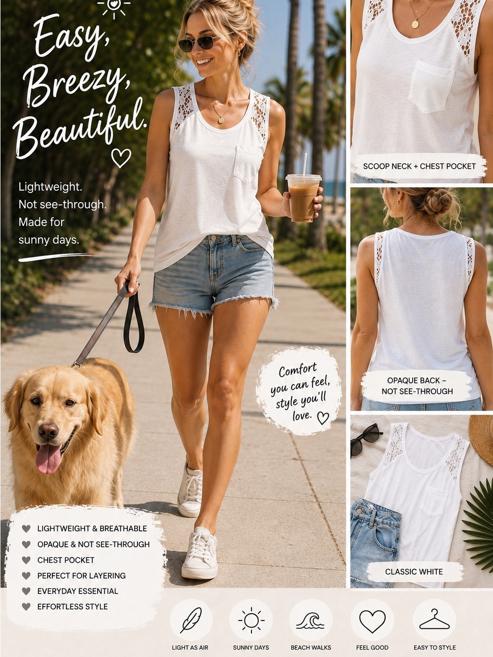 Sleeveless Cream Tank with Crochet Shoulder Detail